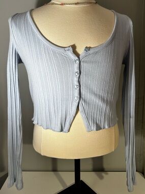 Aeropostale Light Blue Ribbed Button-Front Long Sleeve Crop Top